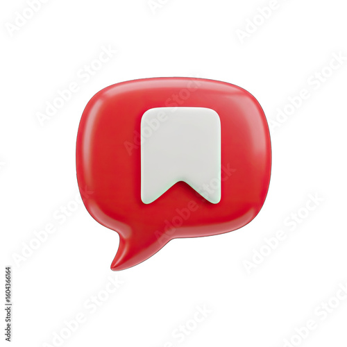 Save Icon Representation: A minimalist, red chat bubble icon with a prominent white bookmark symbol, perfect for conveying digital content saving, bookmarking, or archiving concepts. 