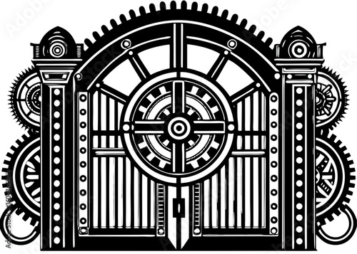 Black and White Steampunk Gate with Gears - Victorian Mechanical Design