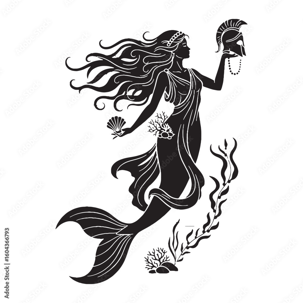 Fototapeta premium Proud Thetis digital black form, making a strong visual impact in any design – Thetis silhouette – Thetis Vector – Silhouette of Thetis – Greek goddess silhouette