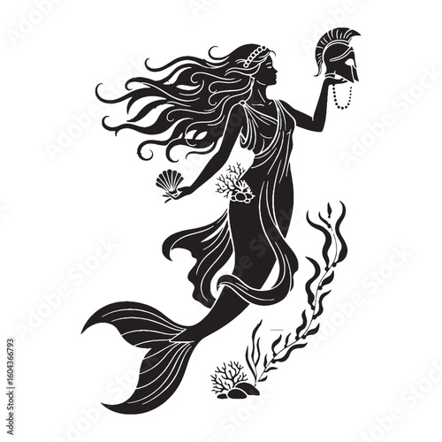 Proud Thetis digital black form, making a strong visual impact in any design – Thetis silhouette – Thetis Vector – Silhouette of Thetis – Greek goddess silhouette

