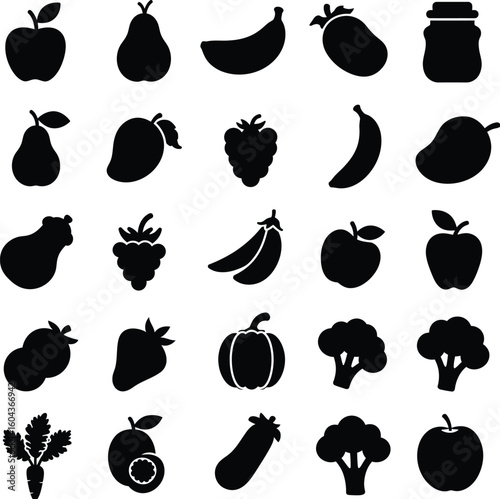 Comprehensive Fruit and Vegetable Icon Set Vector: Black Silhouette Collection Featuring Apple, Pear, Banana, Mango, Broccoli, Pumpkin, and Carrot Symbols – Monochrome Healthy Eating Graphic Pack.