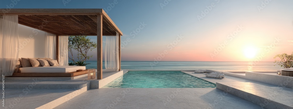Fototapeta premium Beachfront cabana overlooks ocean sunset tranquil scene