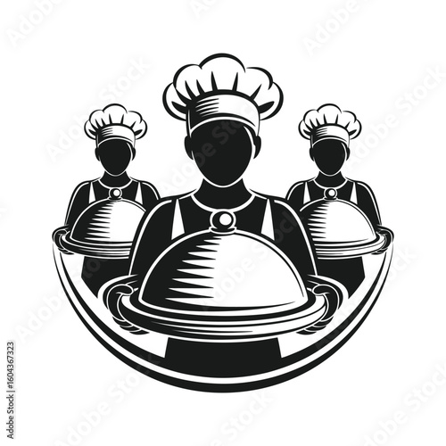 Chefs serving food with cloches hats