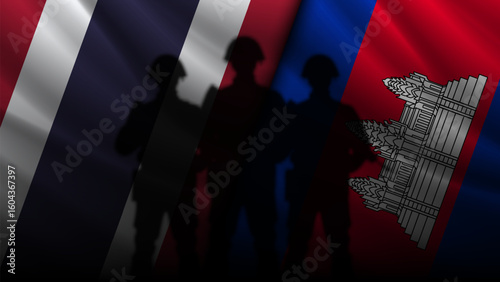 Vector wavy national flags of Kingdom of Thailand and Kingdom of Cambodia. Relations between asian countries. Political and economic banner. Dark shadows of soldiers
