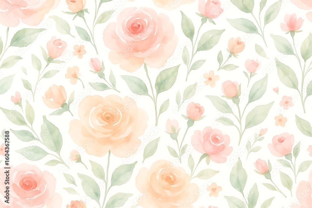 Fototapeta premium Soft watercolor floral pattern featuring roses and greenery on a light background