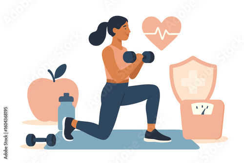 Woman exercising with dumbbells in home workout setting for heart health and wellness