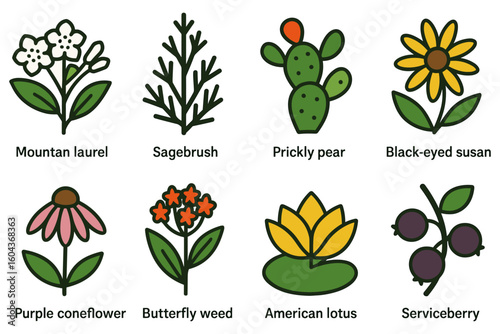Colorful botanical icons featuring various plants and flowers in a flat style