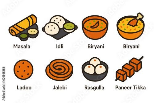 Colorful indian cuisine icon set featuring popular dishes in flat style