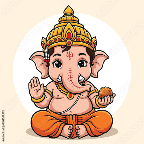 Cute Cartoon Baby Ganesha Illustration Holding Ladoo in Traditional Attire