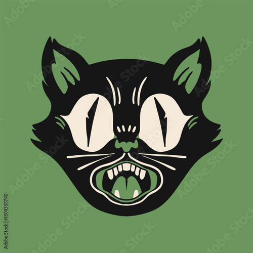 Halloween Cat portrait. Cute face, open mouth. Retro, vintage, traditional tattoo style. Hand drawn trendy Vector illustration. Isolated design element. Print, sticker, logo, icon, avatar template
