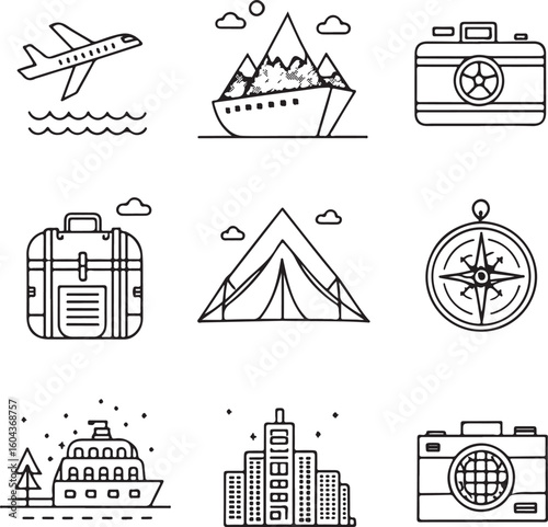 Travel and Tourism Line Icon Set – Airplane, Passport, Camera, Map, Suitcase, Cruise, Mountain, Compass – Vector Illustration