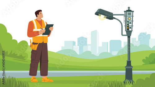 Utility worker inspecting streetlight control panel in urban park setting, wearing safety vest and holding clipboard, illustrating city maintenance