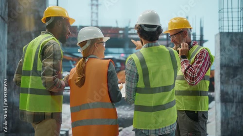 Engineers discussing blueprint on construction site