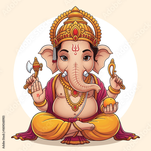 Lord Ganesha in Traditional Pose Holding Axe and Modak – Hindu Deity Vector Illustration