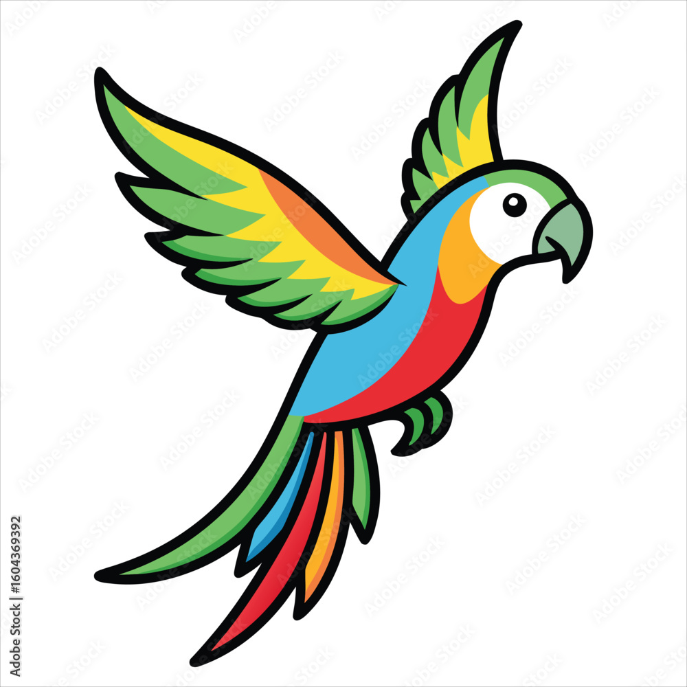 Obraz premium Colorful Cartoon Macaw Parrot Illustration with Vibrant Feathers and Flying Pose
