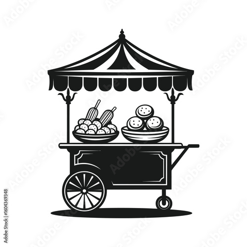 Food cart with round pastries and conical snacks street food vendor