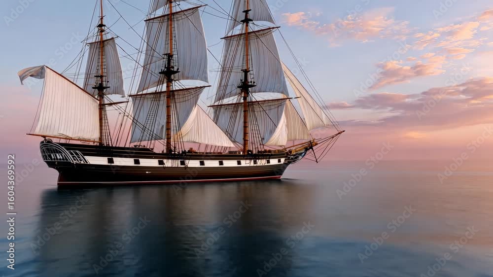 Majestic sailing ship gliding through calm waters at sunset with vibrant sky and smooth waves in the background Majestic sailing ship gliding through calm waters at sunset with vibrant sky and smooth waves in the background