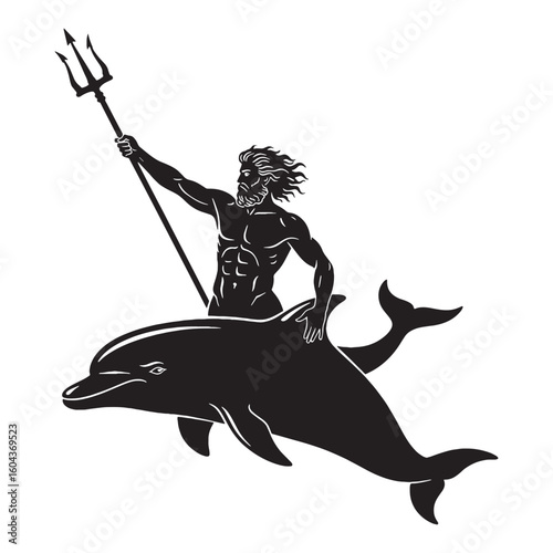 Wave-rider Triton digital black silhouette, rendered perfectly for clarity and appeal – Triton silhouette – Triton Vector – Silhouette of Triton – Greek god silhouette


