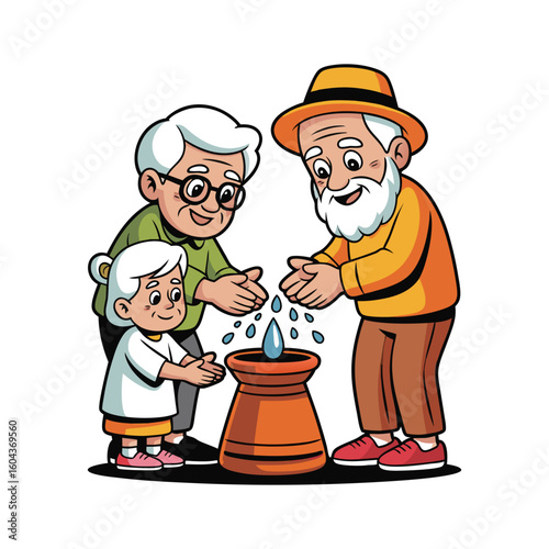 Grandparents and grandchild washing hands water