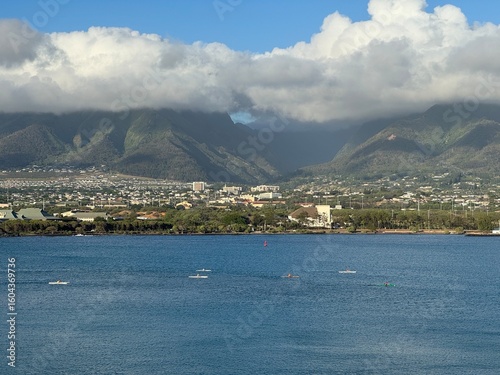 USA, Hawaii, Maui, Kahului Bay - paddling through paradise kayaking the shores beneath lush hills and cityscape