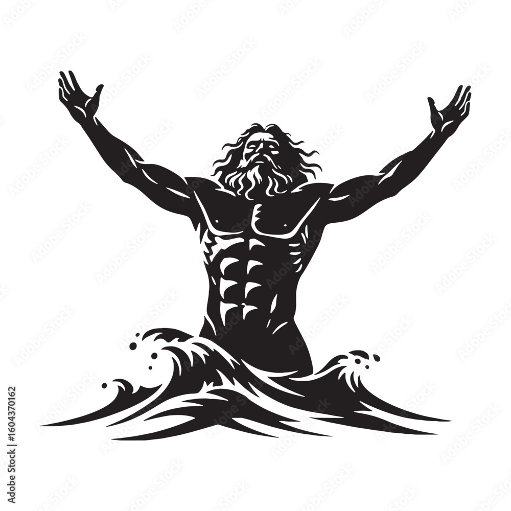Fototapeta premium Commanding Triton black vector graphic, reflecting his authoritative and formidable presence – Triton silhouette – Triton Vector – Silhouette of Triton – Greek god silhouette