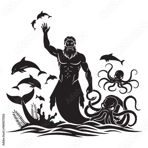 Conch-blowing Triton digital black profile, presented with clean, sharp, professional edges – Triton silhouette – Triton Vector – Silhouette of Triton – Greek god vector

