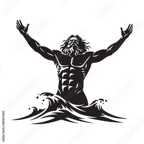 Commanding Triton black vector graphic, reflecting his authoritative and formidable presence – Triton silhouette – Triton Vector – Silhouette of Triton – Greek god silhouette

