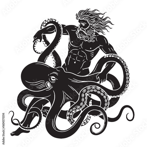 Oceanic Triton digital black vector artwork, ideal for portraying the messenger of the deep's power – Triton silhouette – Triton Vector – Silhouette of Triton – Greek god silhouette

