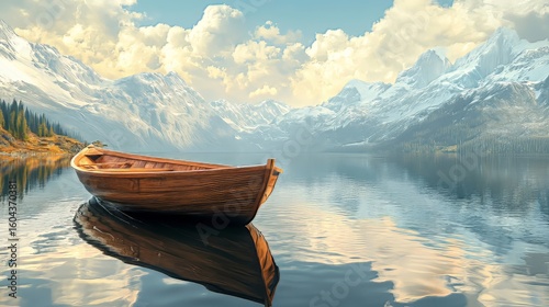 Wooden boat on an alpine mountain lake