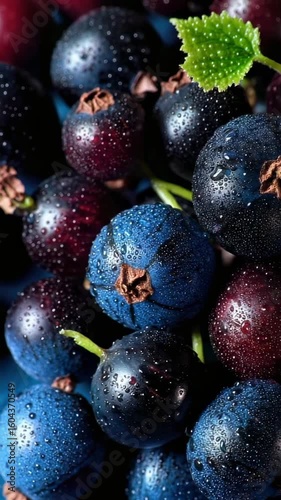 Freshly harvested blackcurrants and redcurrants glistening with droplets of water in a vibrant setting