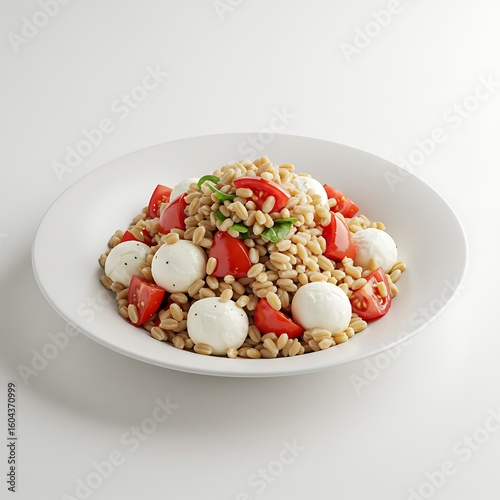light farro salad with diced tomato and soft mozzarella, isometric view ,isolated on white background
