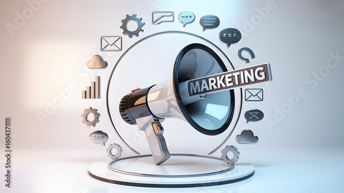 Megaphone with marketing sign surrounded by icons representing various business concepts and strategies