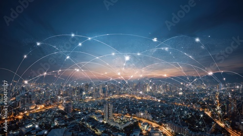 Night cityscape panorama with glowing network connections illustrating global communication and technological infrastructure