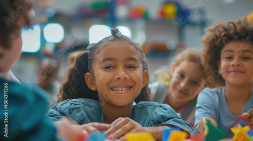 Smiling girl with pigtails surrounded by other children in a classroom setting with toys on the table