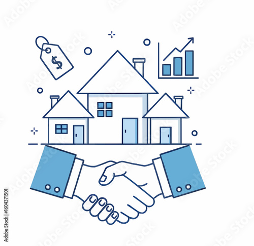 Illustration of real estate deal with handshake houses and financial growth