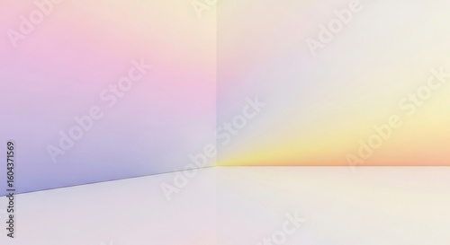Minimalist studio scene featuring an empty room corner with soft pastel gradient walls. The bright, reflective floor and modern design are ideal for product presentations and mockups.