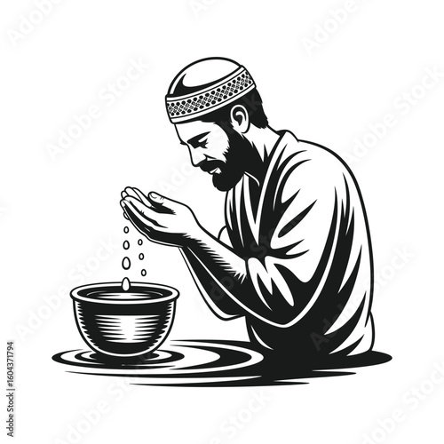 Man performing ablution with water from a bowl wudu Islamic