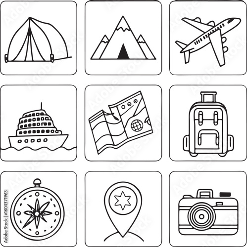 Travel and Tourism Line Icon Set – Airplane, Passport, Camera, Map, Suitcase, Cruise, Mountain, Compass – Vector Illustration