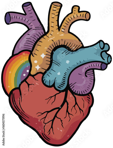 A heart with a rainbow cerebrum and a star symbolizing love and beating emotions with a vintage aesthetic isolated on transparent background