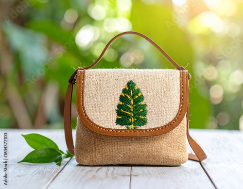 jute bag with green tree design