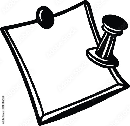 Vector illustration of a blank note paper with a push pin and a shiny metal paper clip, symbolizing the connection of business concepts in scientific design, paper note, attachment, office clip, metal