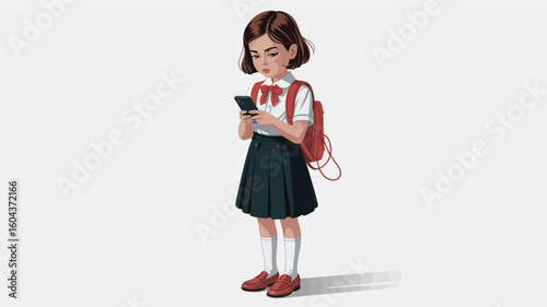 Student with red backpack checking smartphone in school uniform, isolated on white background, ideal for education, youth, or lifestyle themes