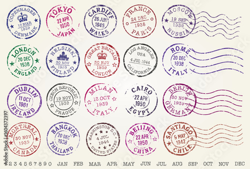 Vintage Travel Stamps grunge postage stamp set. Old destination Post stamp collection. Retro grunge postmark. Vintage grunge postage stamp. Postal Vector illustration image. Isolated on background.