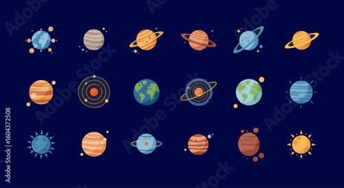 Colorful Planet Icon Pack, Flat Design Space Icon Set, Astronomy Celestial Object Collection