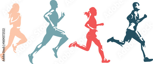 Dynamic Silhouettes of a Man and Woman Running, Depicting Fitness, Exercise, Health, and Sport Activities, Black and White Vector Illustration for Active Lifestyles and Wellness Concepts