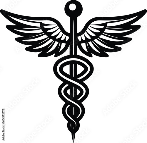 A striking caduceus medical symbol, with its iconic snakes and wings, is a powerful illustration of medicine, health, symbolization, clean, professional, pharmaceutical