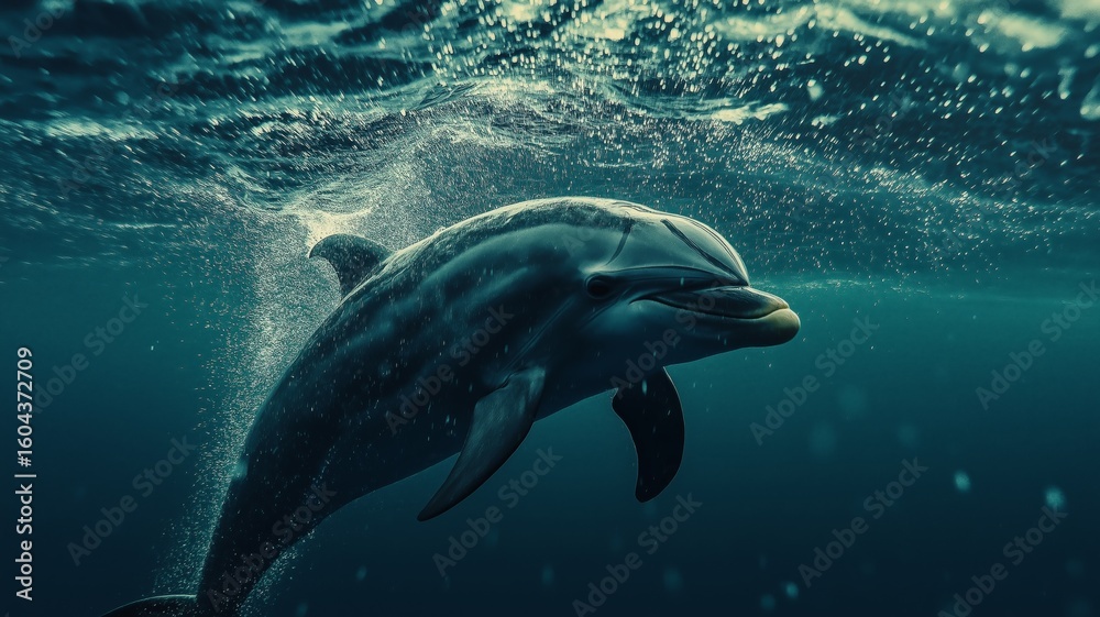 Naklejka premium A dolphin is gliding effortlessly through clear water, surrounded by bubbles and sunlight.