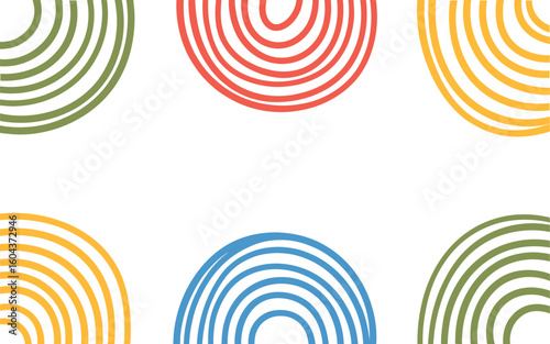 Colorful concentric arcs arranged symmetrically on a white background creating a vibrant pattern