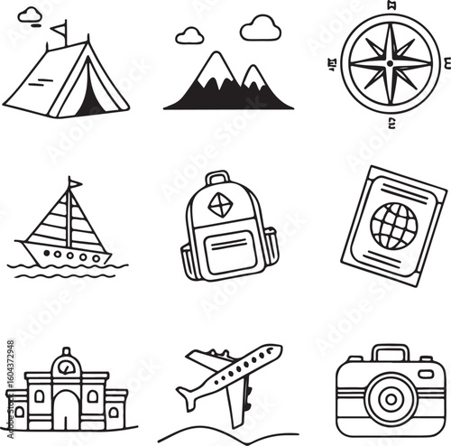Travel and Tourism Line Icon Set – Airplane, Passport, Camera, Map, Suitcase, Cruise, Mountain, Compass – Vector Illustration
