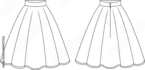 Cad drawing flat vector illustration of flared midi skirt with waistband and zipper, front and back technical fashion sketch design
